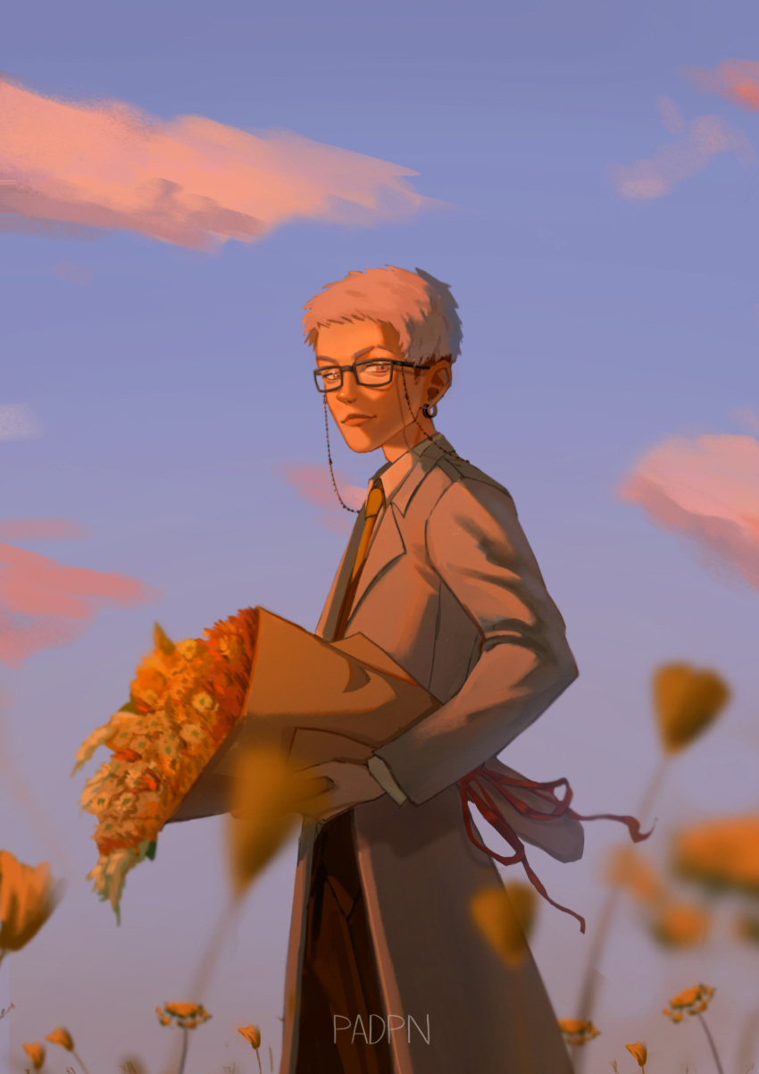 1boy absurdres bouquet dusk ear_piercing flower formal glasses highres looking_at_viewer mitsuya_takashi padpanang piercing solo suit tokyo_revengers white_hair