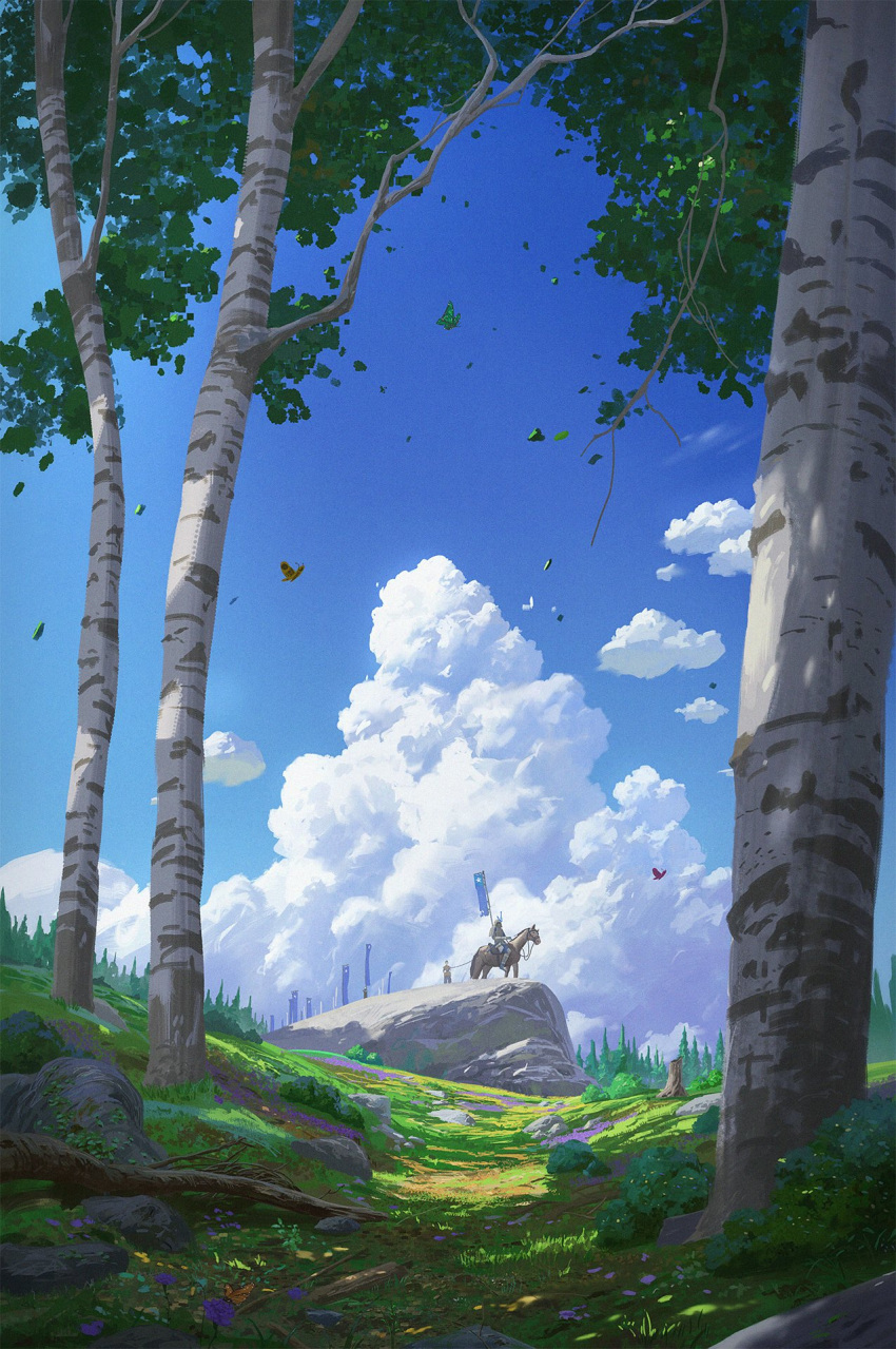 armor banner birch blue_flag blue_flower blue_sky branch bug butterfly clouds commentary cyclecircle day english_commentary falling_leaves flower forest grass helmet highres horse horseback_riding japanese_armor kabuto_(helmet) landscape leaf nature original outdoors people riding rock samurai scenery sky sunlight tree tree_stump yellow_flower