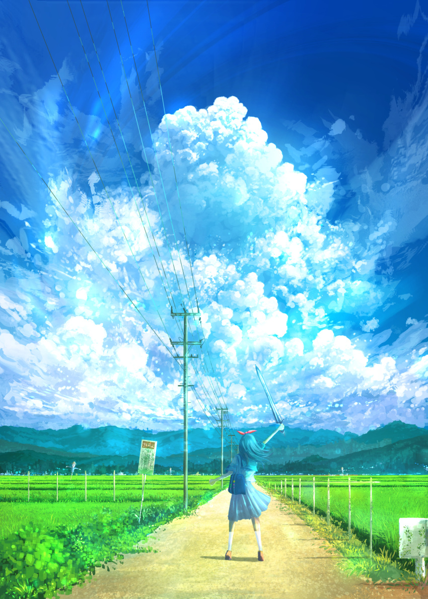 1girl arm_up bag blue_hair blue_sailor_collar blue_serafuku blue_shirt blue_skirt blue_sky clouds cloudy_sky commentary_request cumulonimbus_cloud day floating_hair forest from_behind hair_ribbon highres holding holding_sword holding_weapon kneehighs long_hair mountainous_horizon nature original outdoors pleated_skirt power_lines red_ribbon ribbon rice_paddy road sailor_collar scarecrow scenery school_bag school_uniform serafuku shadow shirt short_sleeves shoujou_(illust_primete) sign skirt sky socks solo standing summer sword utility_pole weapon white_socks wide_shot