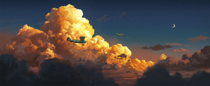 aircraft airplane biplane clouds cloudy_sky commentary crescent_moon cyclecircle english_commentary flying highres moon no_humans orange_clouds original outdoors scenery sky star_(sky) starry_sky sunset twilight wide_shot