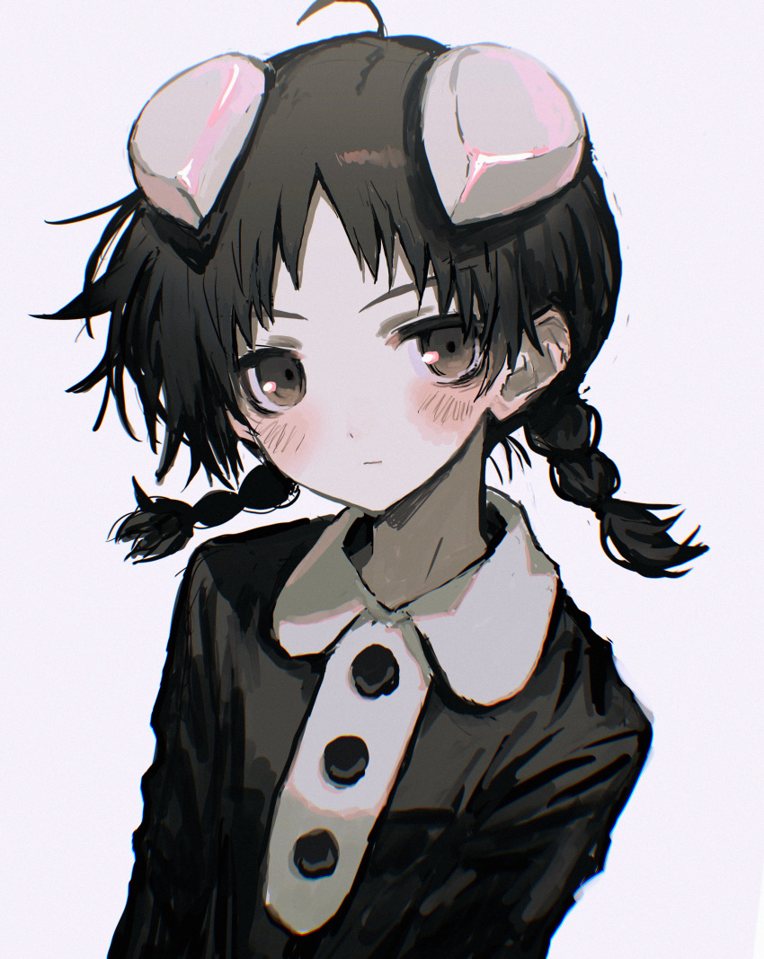 1girl absurdres ahoge akita_(akitaland_gothic) akitaland_gothic arms_at_sides black_hair black_shirt blush braid brown_eyes buttons closed_mouth collared_shirt expressionless head_tilt highres horns long_sleeves looking_at_viewer medium_hair parted_bangs shirt simple_background solo torichikushou twin_braids upper_body white_background