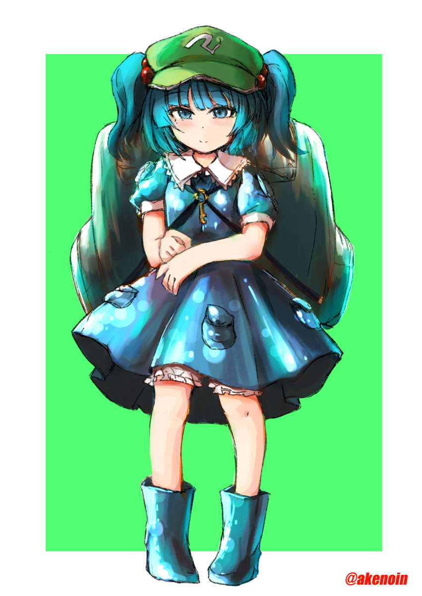 1girl akenoin_soumon bare_arms blue_dress blue_eyes blue_hair blunt_bangs border commentary_request dress flat_chest full_body green_background hair_bobbles hair_ornament hat highres kawashiro_nitori medium_hair outside_border petite pigeon-toed simple_background solo standing touhou two_side_up white_border