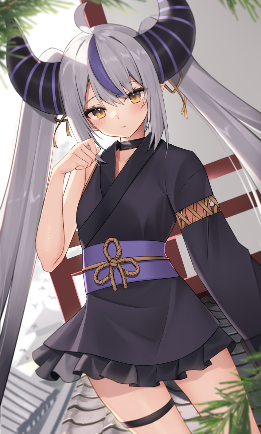 1girl ahoge alternate_costume bare_shoulders blush choker demon_girl demon_horns grey_hair highres hololive horns japanese_clothes la+_darknesss long_hair long_sleeves looking_at_viewer multicolored_hair obi pointy_ears purple_hair rooftop sash single_sleeve skirt sleeveless solo streaked_hair striped_horns thigh_strap thomas_8000 tile_roof tiles twintails two-tone_hair very_long_hair virtual_youtuber wide_sleeves yellow_eyes
