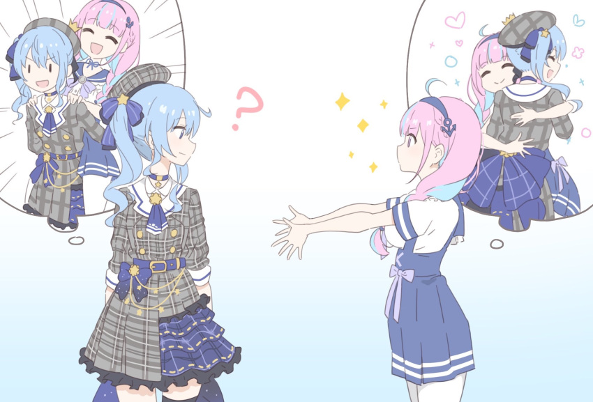 2girls ? ahoge beret blue_choker blue_eyes blue_hair blue_hairband braid breasts carrying choker closed_eyes commentary_request dress hairband hat highres hololive hoshimachi_suisei hoshimachi_suisei_(1st_costume) hug imagining low_twin_braids medium_breasts minato_aqua minato_aqua_(1st_costume) multicolored_hair multiple_girls o_kudake open_mouth pantyhose piggyback pink_hair plaid plaid_dress plaid_headwear short_dress side_ponytail smile thought_bubble twin_braids two-tone_hair virtual_youtuber white_pantyhose