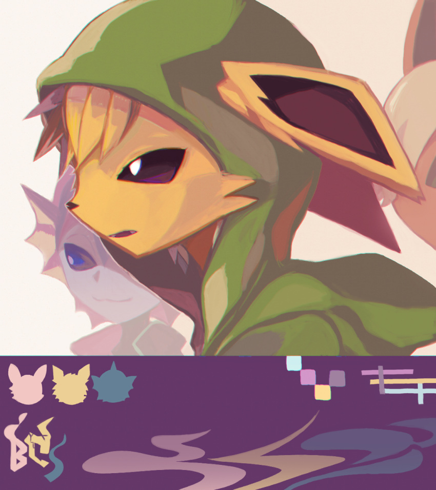 3boys :3 animal_ears animal_nose artist_name blonde_hair blue_eyes blue_skin closed_mouth clothed_pokemon colored_sclera colored_skin commentary_request ears_through_headwear fins fish_boy flareon from_side furry furry_male green_sweater half-closed_eyes head_fins highres hood hood_up hooded_sweater initial jolteon kiki_(431642) male_focus multiple_boys open_mouth orange_fur personification pokemon pokemon_(creature) portrait profile purple_sclera short_hair signature solo_focus sweater vaporeon white_background white_eyes