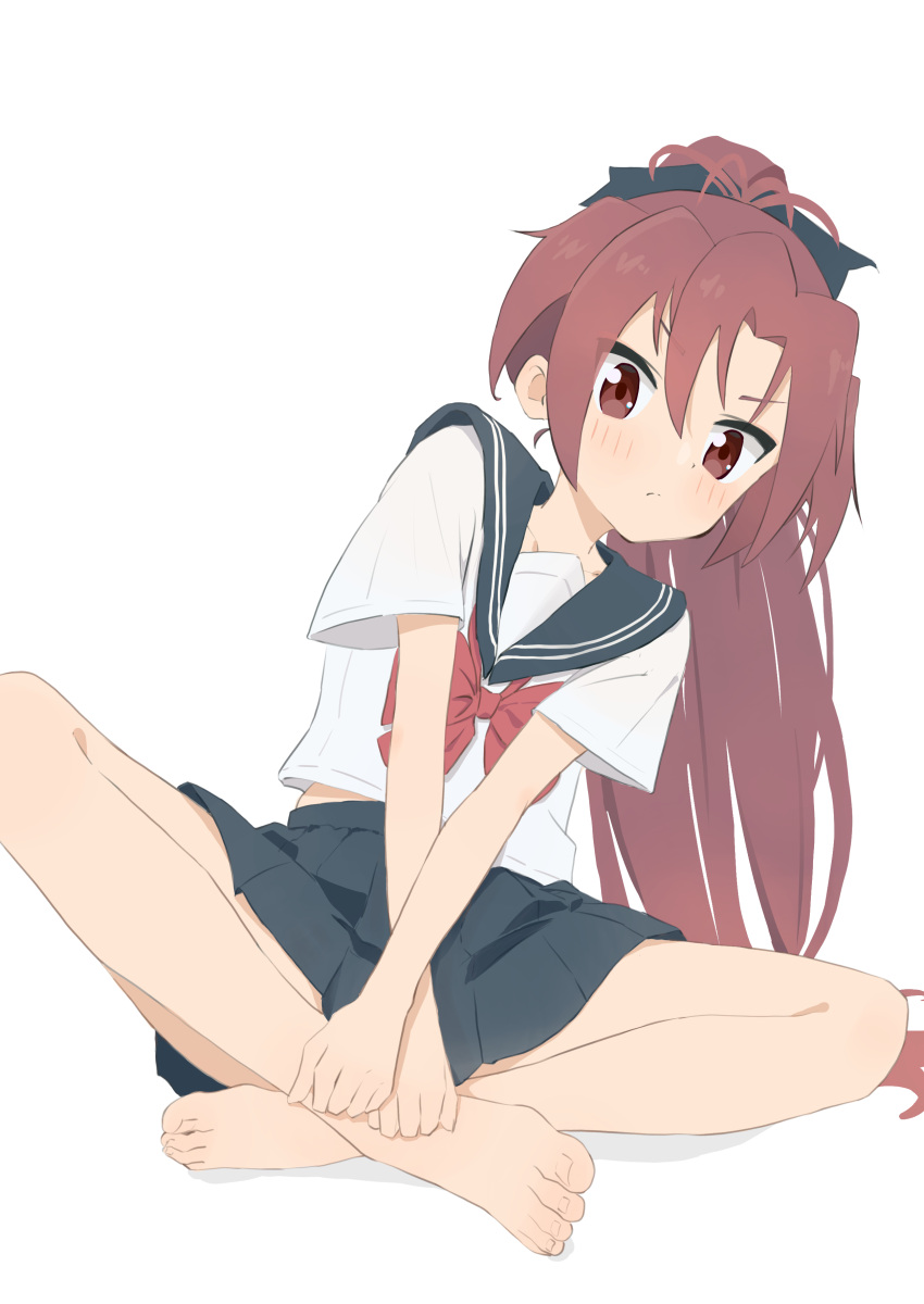 1girl absurdres bare_legs barefoot blush feet hands_on_feet highres indian_style long_hair looking_at_viewer magia_record:_mahou_shoujo_madoka_magica_gaiden mahou_shoujo_madoka_magica red_eyes redhead sakura_kyouko school_uniform simple_background sitting skirt solo tanaka3bom toes white_background