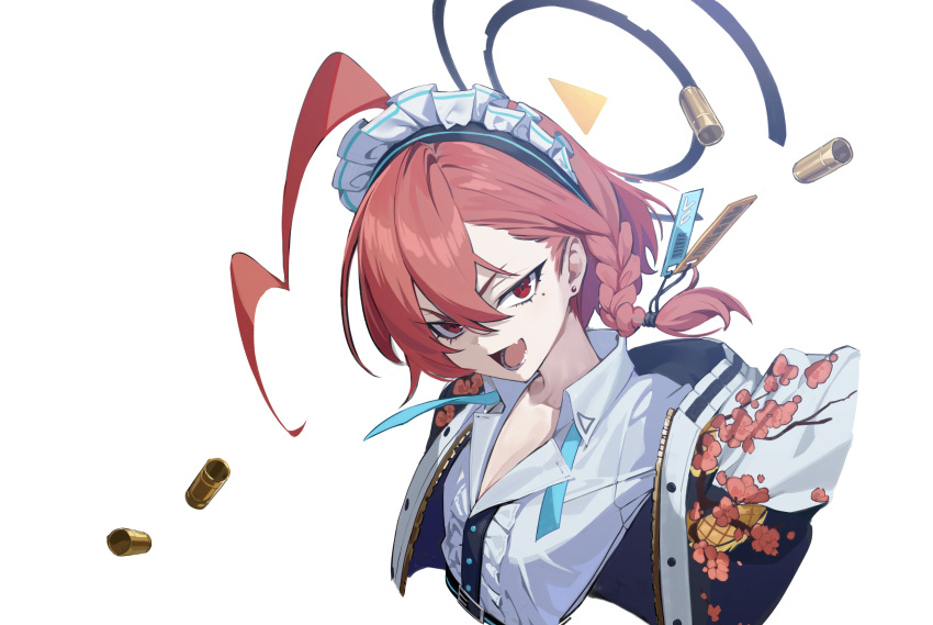 1girl absurdres ahoge blue_archive braid collared_shirt controlline3 cropped_torso fang hair_between_eyes hair_ornament halo highres huge_ahoge jacket looking_at_viewer maid_headdress mole mole_under_eye neru_(blue_archive) open_clothes open_jacket open_mouth red_eyes redhead shirt short_hair side_braid simple_background solo upper_body white_background white_shirt