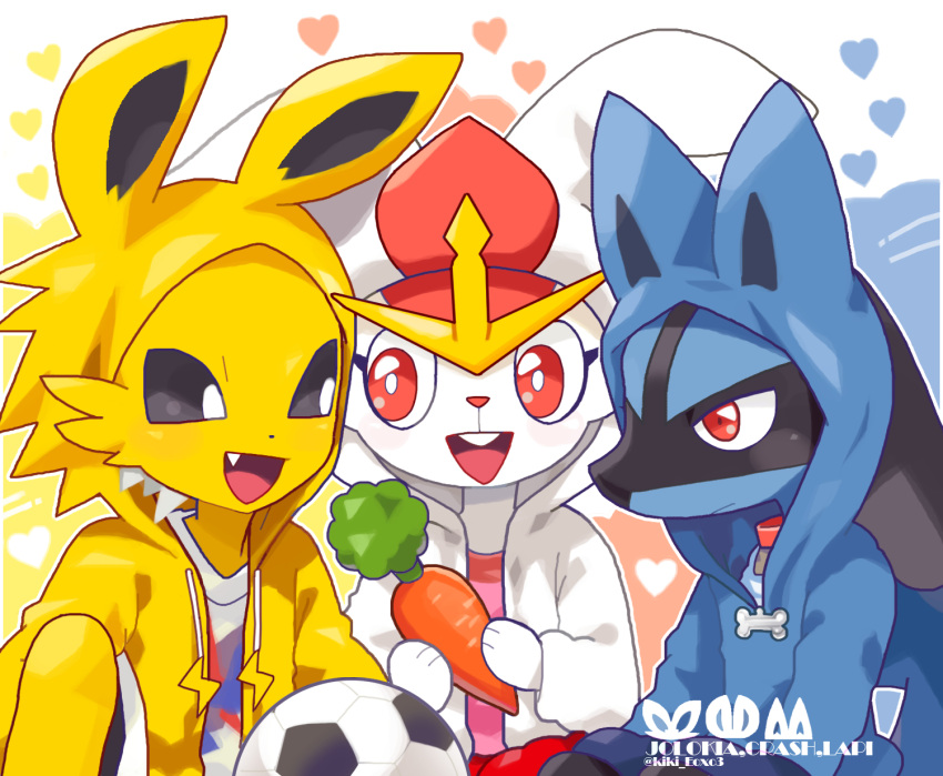 3boys animal_ears animal_hands animal_hood animal_nose artist_name ball black_sclera blue_shirt blue_sweater blush blush_stickers bright_pupils buck_teeth carrot character_name cinderace closed_mouth clothed_pokemon colored_sclera commentary_request drawstring english_text eye_contact fake_animal_ears food furry furry_male hands_up happy highres holding holding_food holding_vegetable hood hood_up hooded_jacket hooded_sweater jacket jolteon kiki_(431642) knee_up light_blush lightning_bolt_symbol long_sleeves looking_at_another looking_to_the_side lucario male_focus multiple_boys open_clothes open_jacket open_mouth outline personification pink_shirt pokemon pokemon_(creature) rabbit_boy rabbit_ears red_eyes redhead shirt short_hair sitting smile snout soccer_ball straight-on sweater teeth twitter_username upper_body vegetable watermark white_eyes white_hair white_jacket white_outline white_pupils white_shirt wolf_boy wolf_ears yellow_jacket zipper_pull_tab