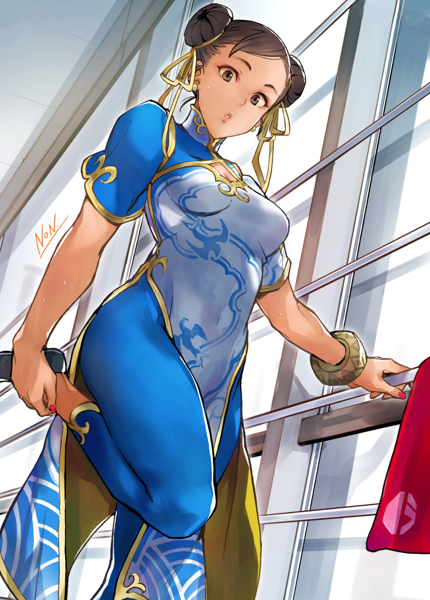 absurdres black_hair blue_dress bracelet breasts china_dress chinese_clothes chun-li cleavage_cutout clothing_cutout covered_navel dress hair_bun highres holding jewelry kujou_non looking_at_viewer looking_down makeup nail_polish official_alternate_costume open_mouth street_fighter street_fighter_6 stretching surprised sweat thighs