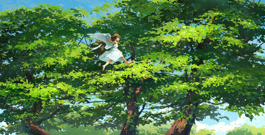 1girl angel angel_wings barefoot brown_hair day dress flying halo happy highres leaf long_hair nature open_mouth original outdoors potg_(piotegu) running signature sleeveless sleeveless_dress strap tree white_dress wings