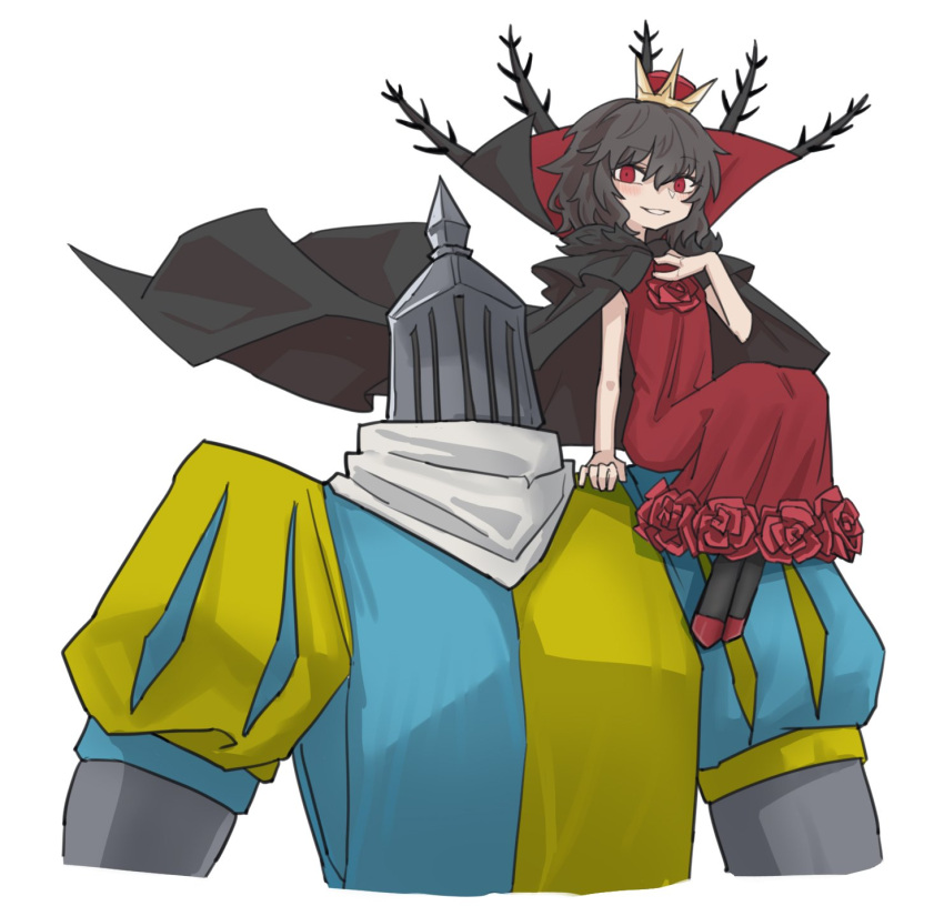 1girl 1other black_cape black_hair black_souls cape crown dress flat_chest fur-trimmed_cape fur_trim hand_on_own_chest helm helmet highres knight looking_at_viewer lorina_(black_souls) mini_crown parted_lips rabbit_king red_dress short_hair simple_background sitting sitting_on_shoulder sleeveless sleeveless_dress smile white_background