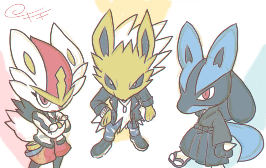 3boys animal_ears animal_hands animal_nose arm_at_side artist_name black_footwear black_fur black_hakama black_kimono black_sclera blue_fur blue_pants body_fur chibi cinderace closed_mouth clothed_pokemon colored_sclera commentary_request crossed_arms dog_tags flame_print full_body furry furry_male hakama hand_on_own_hip jacket japanese_clothes jewelry jolteon kiki_(431642) kimono long_sleeves looking_at_viewer lucario male_focus multiple_boys necklace pants personification pokemon pokemon_(creature) punk rabbit_boy rabbit_ears rabbit_tail red_eyes red_shorts redhead sandals shirt shoes short_hair shorts signature simple_background sketch snout socks spikes spiky_hair standing tail torn_clothes torn_pants two-tone_fur white_background white_eyes white_fur white_hair white_jacket white_shirt white_socks wolf_boy wolf_ears wolf_tail yellow_fur