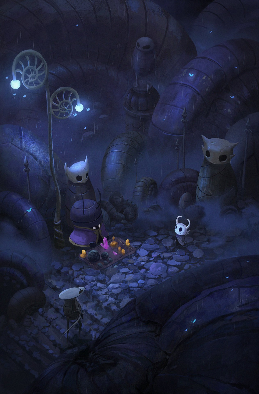 character_request commentary cyclecircle dark english_commentary highres hollow_knight knight_(hollow_knight) no_humans outdoors rain stairs sword weapon
