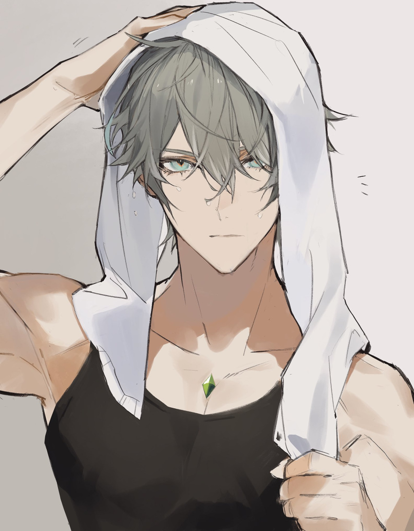 alhaitham_(genshin_impact) alternate_costume aqua_eyes aqua_hair arm_up black_tank_top chest_jewel closed_mouth colored_inner_hair facing_viewer gem genshin_impact green_gemstone grey_background grey_hair hair_between_eyes hair_over_one_eye highres holding holding_towel kichi_owo looking_at_viewer multicolored_hair short_hair simple_background streaked_hair symbol-shaped_pupils tank_top towel towel_on_head two-tone_hair upper_body water_drop wet wet_hair