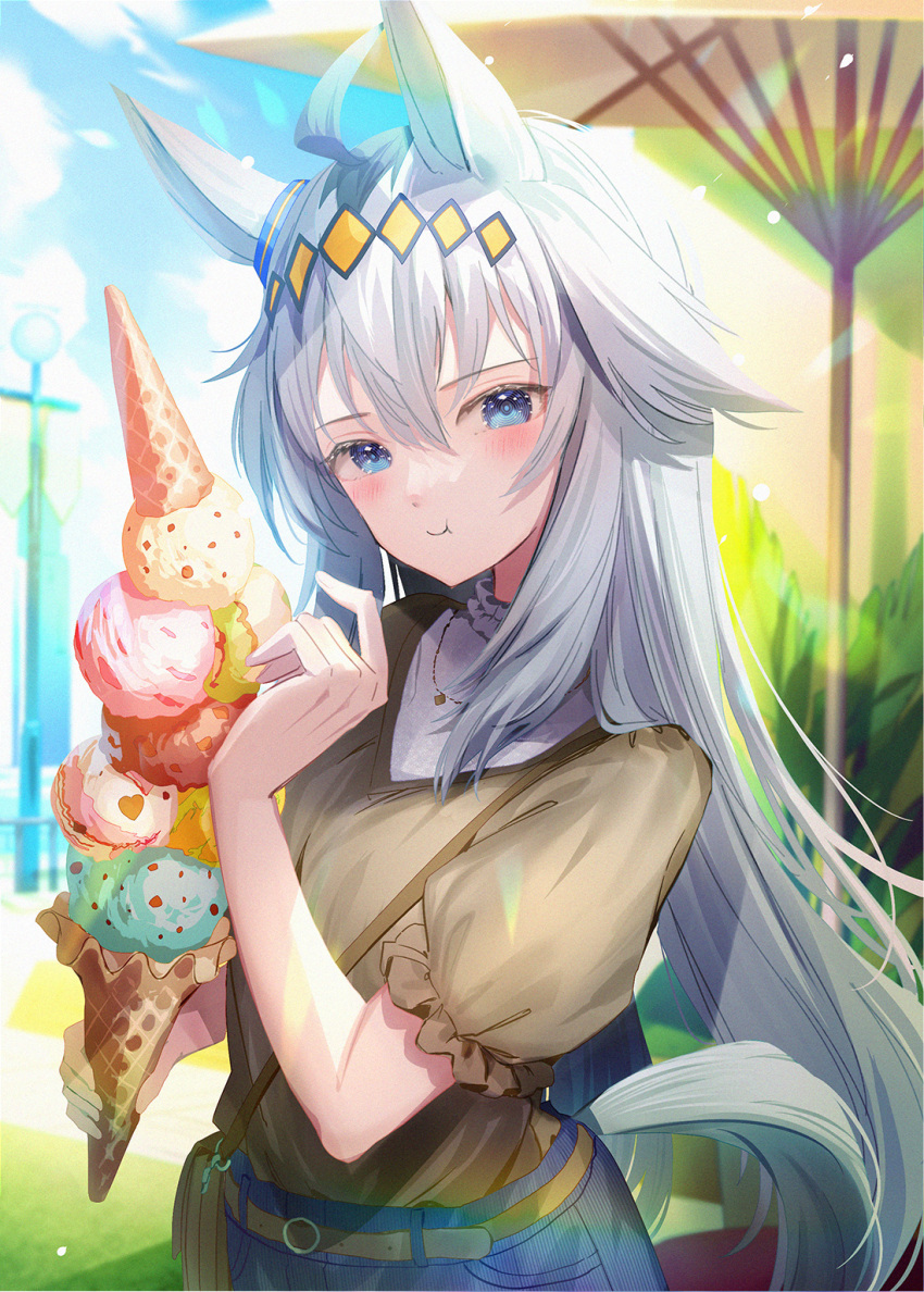 1girl ahoge alternate_costume animal_ears bag blush brown_bag brown_shirt casual commentary_request cowboy_shot ear_ornament food grey_hair hair_between_eyes hairband highres holding_ice_cream horse_ears horse_girl horse_tail ice_cream ice_cream_cone jewelry lens_flare long_hair looking_at_viewer multicolored_hair necklace negimapurinn oguri_cap_(umamusume) outdoors pants puffy_short_sleeves puffy_sleeves shirt short_sleeves shoulder_bag smile solo streaked_hair tail tail_through_clothes umamusume