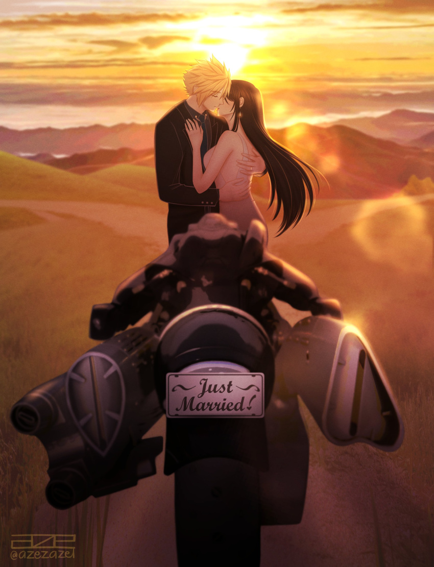 1boy 1girl absurdres azezazel bare_shoulders black_hair black_jacket black_necktie blonde_hair breasts bride closed_eyes cloud_strife clouds cloudy_sky commentary couple dress earrings english_commentary final_fantasy final_fantasy_vii from_side full_body grass hair_behind_ear hand_on_another's_back hand_on_another's_chest highres hug husband_and_wife imminent_kiss jacket jewelry kiss large_breasts long_hair long_sleeves motor_vehicle motorcycle mountainous_horizon necktie outdoors profile ring short_hair single_earring sky sleeveless sleeveless_dress spiky_hair standing sun sunset teardrop_earring tifa_lockhart twitter_username wedding_dress wedding_ring white_dress
