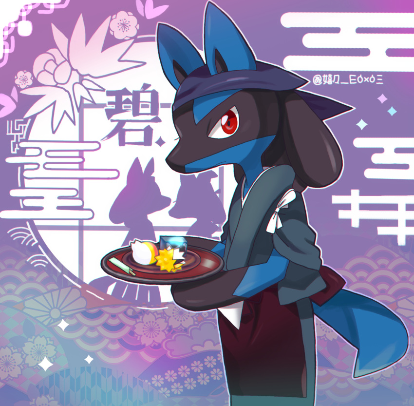 1boy animal_ears apron black_fur black_kimono blue_fur blue_headwear body_fur chopsticks chromatic_aberration closed_mouth clothed_pokemon commentary_request ears_through_headwear egasumi expressionless food foodification from_side furry furry_male hands_up head_scarf highres holding holding_food holding_tray japanese_clothes kiki_(431642) kikumon kimono looking_at_viewer lucario male_focus plate pokemon pokemon_(creature) purple_apron purple_background red_eyes sakuramon seigaiha short_sleeves silhouette snout solo_focus standing tail translation_request tray two-tone_fur waist_apron wolf_boy wolf_ears wolf_tail yagasuri