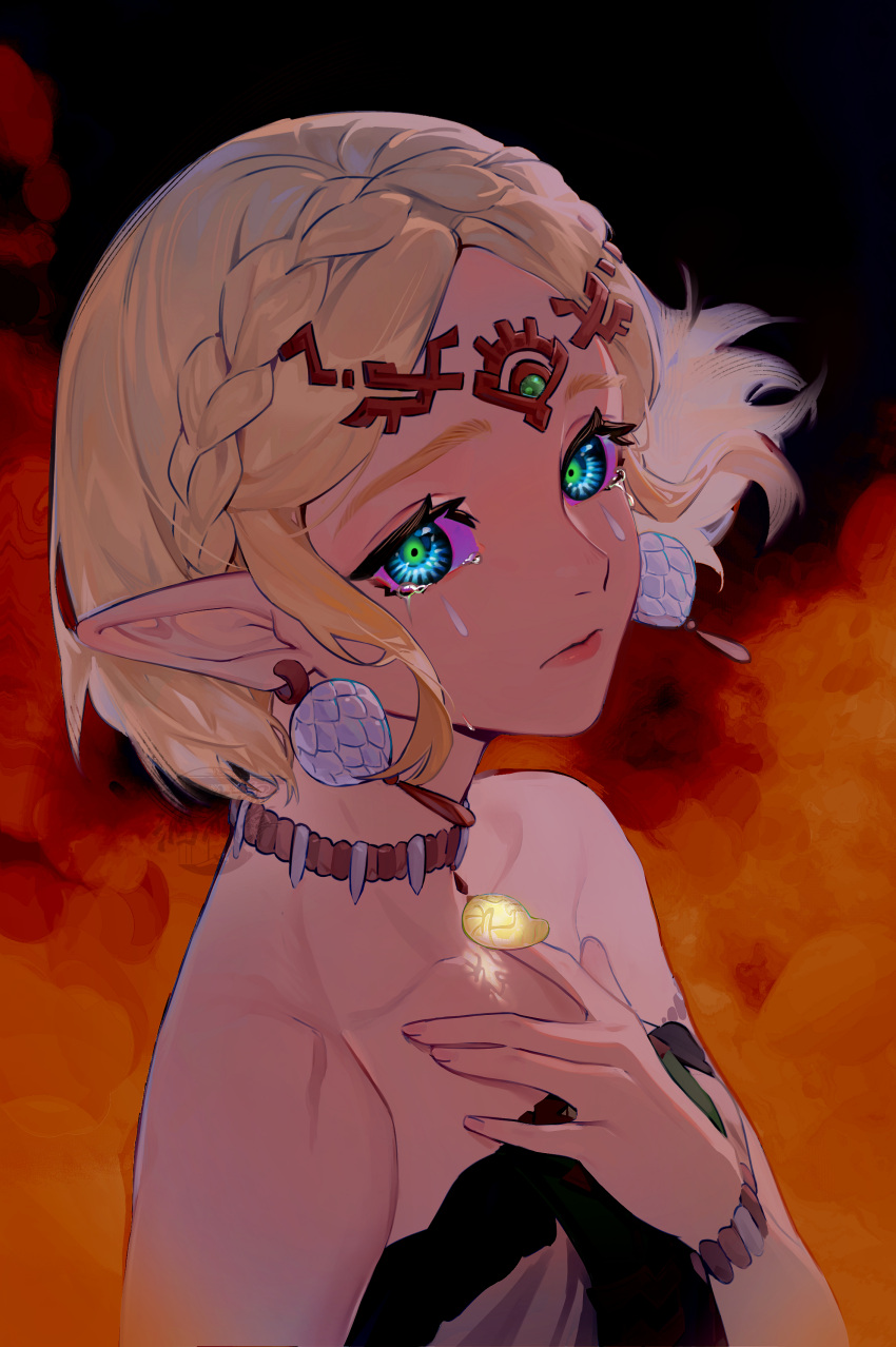 1girl absurdres blonde_hair braid circlet closed_mouth colored_sclera crown_braid dress earrings hand_on_own_chest highres jewelry jiu_xiao_han looking_at_viewer magatama magatama_necklace necklace pendant pointy_ears princess_zelda short_hair sidelocks solo spoilers strapless strapless_dress tears the_legend_of_zelda the_legend_of_zelda:_tears_of_the_kingdom upper_body