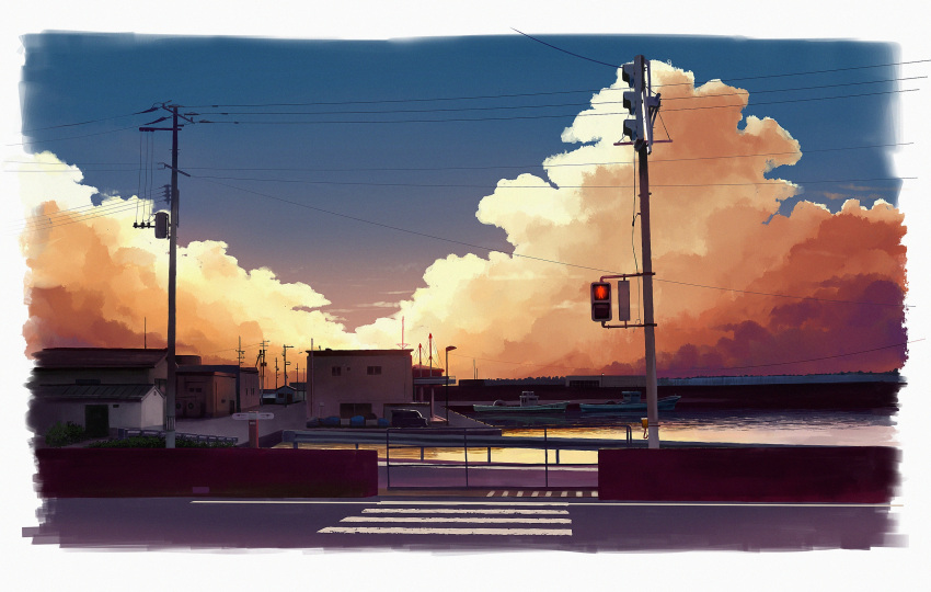 blue_sky border building bush car clouds cloudy_sky commentary_request cumulonimbus_cloud fading_border gensuke_(ryun) harbor highres house marina motor_vehicle no_humans original outdoors power_lines road road_sign scenery sign sky street sunset traffic_light twilight utility_pole