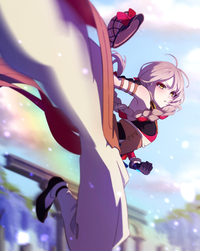 1girl bare_shoulders black_gloves braid closed_mouth fire_emblem fire_emblem_engage framme_(fire_emblem) gloves grey_hair hat hat_ribbon high_kick highres kicking long_hair ribbon shoes sissel0104 solo yellow_eyes