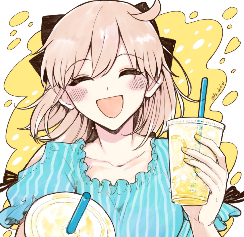 1girl ahoge aruti blue_shirt closed_eyes clothing_cutout contemporary cup disposable_cup drinking_straw fate/grand_order fate_(series) highres okita_souji_(fate) pink_hair shirt shoulder_cutout smile sweat twitter_username yellow_nails