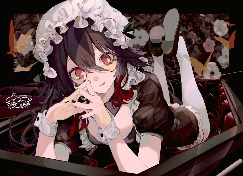 1girl :p absurdres alternate_costume black_nails brown_dress brown_hair closed_mouth coffin colored_tips commentary_request detached_collar dress enmaided feet_up frilled_skirt frills full_body genshin_impact gmpoo93 hair_between_eyes hat highres hu_tao_(genshin_impact) long_hair looking_at_viewer lying maid mob_cap multicolored_hair on_stomach pantyhose puffy_short_sleeves puffy_sleeves red_eyes redhead short_sleeves skirt smile solo tongue tongue_out white_headwear white_pantyhose wrist_cuffs