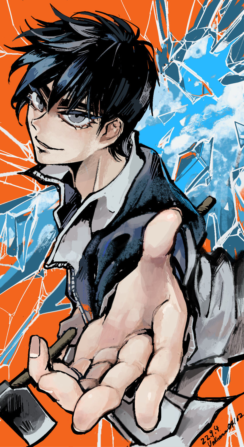 1boy axe black_hair blue_sky broken_glass clouds commentary_request dated fingernails glass grey_eyes hair_between_eyes highres holding holding_axe jacket looking_at_viewer male_focus medium_bangs orange_background parted_lips reaching reaching_towards_viewer short_hair sky smile solo tobaku_haouden_zero ukai_zero unknown03162 upper_body white_jacket