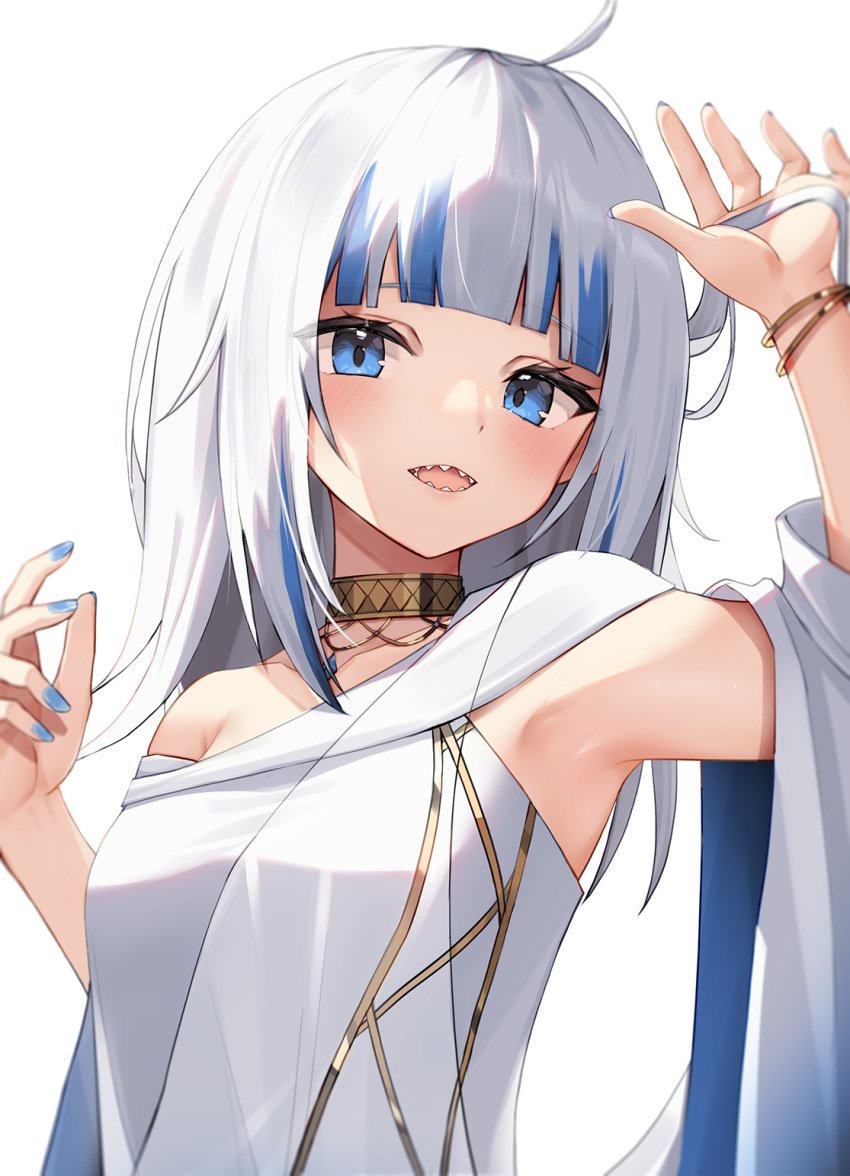 1girl ahoge armpits bare_shoulders blue_eyes blue_hair blue_nails blunt_bangs blush bracelet collar commentary gawr_gura gawr_gura_(3rd_costume) highres hololive hololive_english jewelry looking_at_viewer medium_hair multicolored_hair nail_polish open_mouth playing_with_own_hair sharp_teeth sidelocks solo streaked_hair teeth thomas_8000 toga virtual_youtuber white_background white_hair