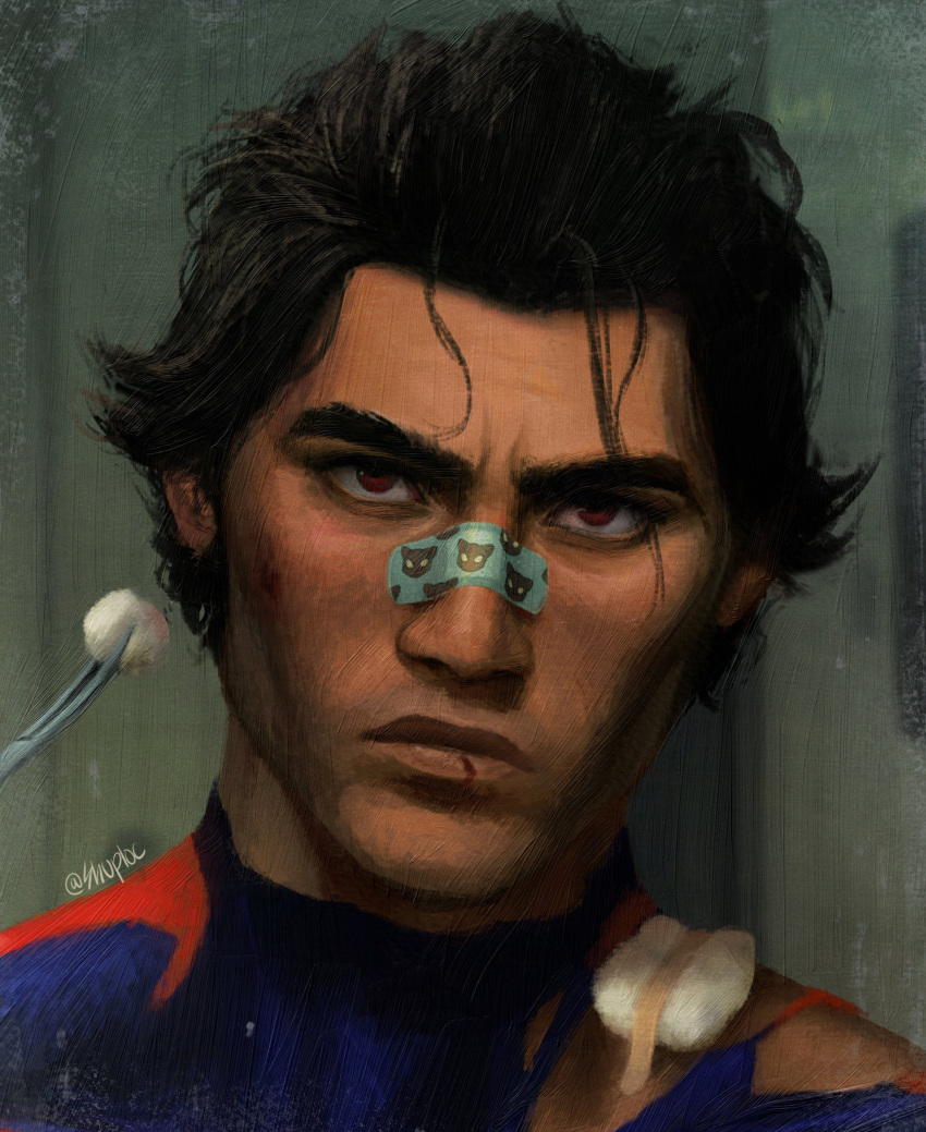 1boy absurdres bandages bandaid bandaid_on_face bandaid_on_nose bodysuit brown_hair cheekbones cotton_swab dark-skinned_male dark_skin hair_slicked_back highres holding_cotton_swab looking_at_viewer male_focus marvel mature_male miguel_o'hara portrait realistic red_eyes shuploc signature solo spider-man:_across_the_spider-verse spider-man_(series) torn_bodysuit torn_clothes