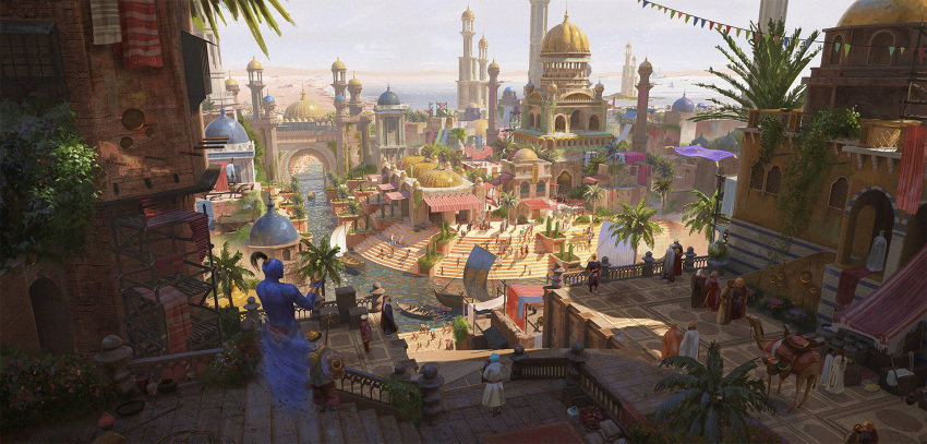 aladdin_(disney) bird boat building bush camel canopy_(shelter) city cityscape commentary cyclecircle day english_commentary fantasy gate genie_(aladdin) highres mountainous_horizon outdoors palm_tree people polearm railing river sail scaffolding scenery shadow shield stairs tree walking water watercraft weapon wide_shot window