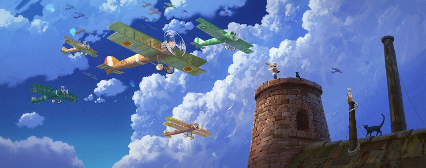 1other aircraft airplane biplane blue_sky building cat clouds cloudy_sky commentary cyclecircle day english_commentary flying highres instrument music original outdoors playing_instrument sky solo standing tower trumpet wide_shot
