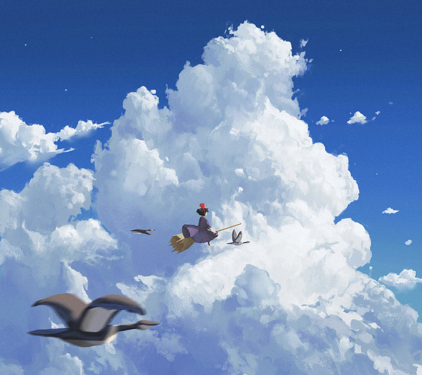 1girl bird black_hair blue_sky clouds cloudy_sky commentary cyclecircle day dress english_commentary floating_hair flying highres original outdoors purple_dress red_headwear scenery short_sleeves sky solo witch
