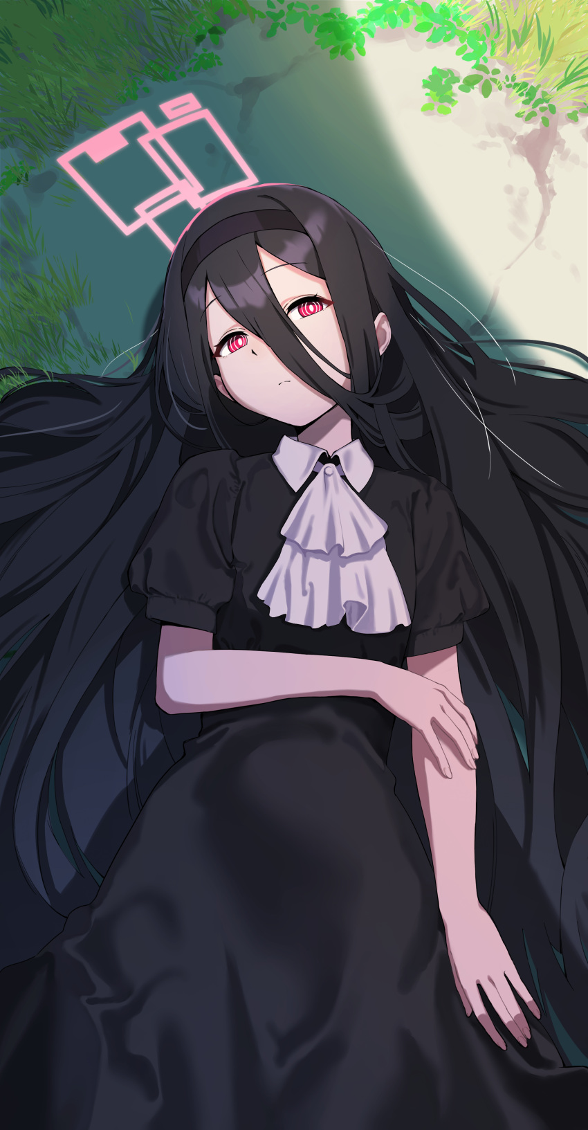 &lt;key&gt;_(blue_archive) 1girl absurdres aris_(blue_archive) ascot black_dress black_hair black_hairband blue_archive closed_mouth dress grass hair_between_eyes hairband halo highres long_hair looking_at_viewer lying on_back on_ground puffy_short_sleeves puffy_sleeves red_eyes sanzoku short_sleeves solo very_long_hair white_ascot