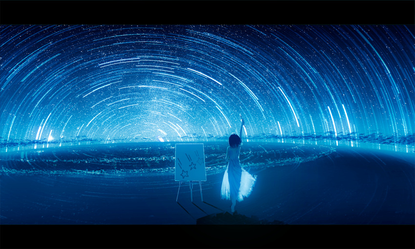 1girl arm_up beach blue_theme canvas_(object) chocoshi commentary_request dress easel facing_away from_behind holding holding_paintbrush letterboxed light_particles ocean original outdoors paintbrush painting_(object) scenery see-through_silhouette short_hair sky solo standing star_(sky) star_(symbol) star_trail starry_sky sundress