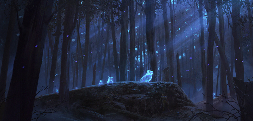 1boy animal_focus bird blue_theme bush commentary cyclecircle english_commentary falling_leaves forest ghost highres leaf moonlight nature night original outdoors owl rock scenery solo standing sword tree tree_stump weapon