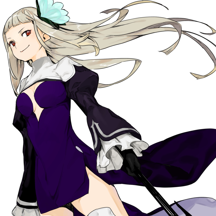 1girl bravely_default_(series) bravely_second:_end_layer breasts cleavage_cutout clothing_cutout cowboy_shot dress dutch_angle flower frilled_sleeves frills hair_flower hair_ornament hamelon310 highres holding holding_weapon juliet_sleeves long_hair long_sleeves magnolia_arch puffy_sleeves purple_dress red_eyes short_bangs short_dress smile solo very_long_hair weapon white_background white_hair