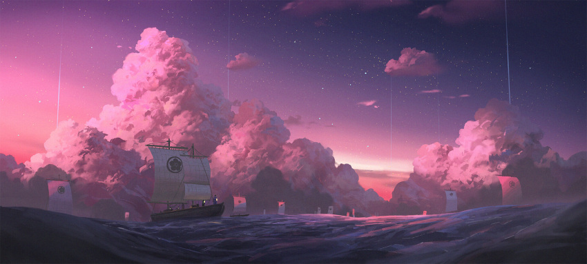 boat clouds commentary cyclecircle english_commentary highres ocean original outdoors people pink_theme sail scenery ship shooting_star sky star_(sky) starry_sky twilight watercraft wide_shot