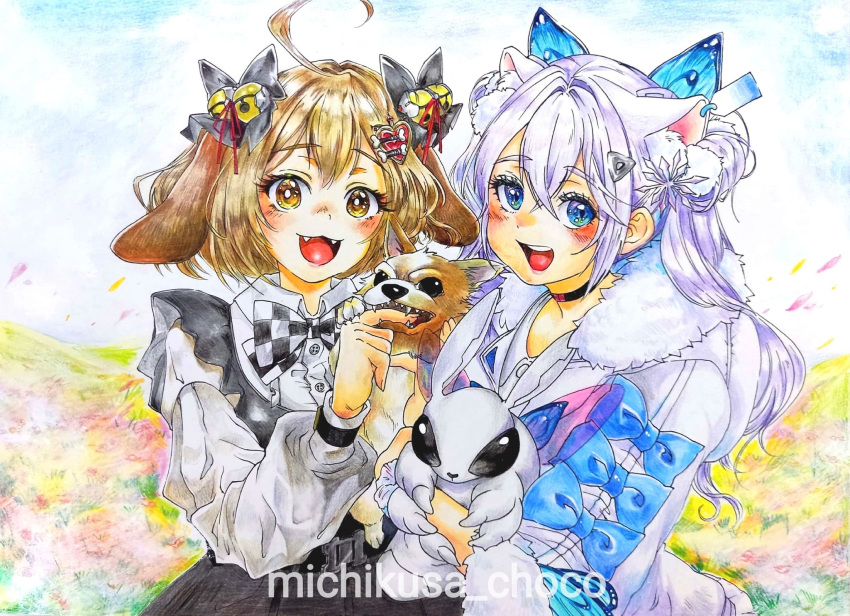2girls ahoge animal animal_ears arms_up biscuit_(nikke) black_choker black_dress blue_eyes blush bone_hair_ornament bow bowtie breasts bug butterfly butterfly_hair_ornament checkered_bow checkered_bowtie checkered_clothes chihuahua choker clothes_writing collared_dress colored_pencil_(medium) cowboy_shot dog dog_ears dog_girl dog_tail double_bun dress dress_shirt fairy_wings fake_animal_ears fangs fur-trimmed_jacket fur-trimmed_sleeves fur_collar fur_trim goddess_of_victory:_nikke hair_between_eyes hair_bun hair_ornament hair_ribbon hairclip heart heart_hair_ornament highres holding holding_animal holding_dog hood hooded_jacket jacket leaning_forward light_blush light_brown_hair long_hair medium_hair michikusa_choco multiple_girls n102_(miracle_fairy)_(nikke) n102_(nikke) official_alternate_costume open_mouth pom_pom_(clothes) rainbow_gradient ribbon scrunchie shirt short_sleeves short_twintails signature smile snowflake_hair_ornament solo tail thighs traditional_media twintails twitter_username upper_body watch watch white_hair white_jacket wings wrist_scrunchie yellow_eyes