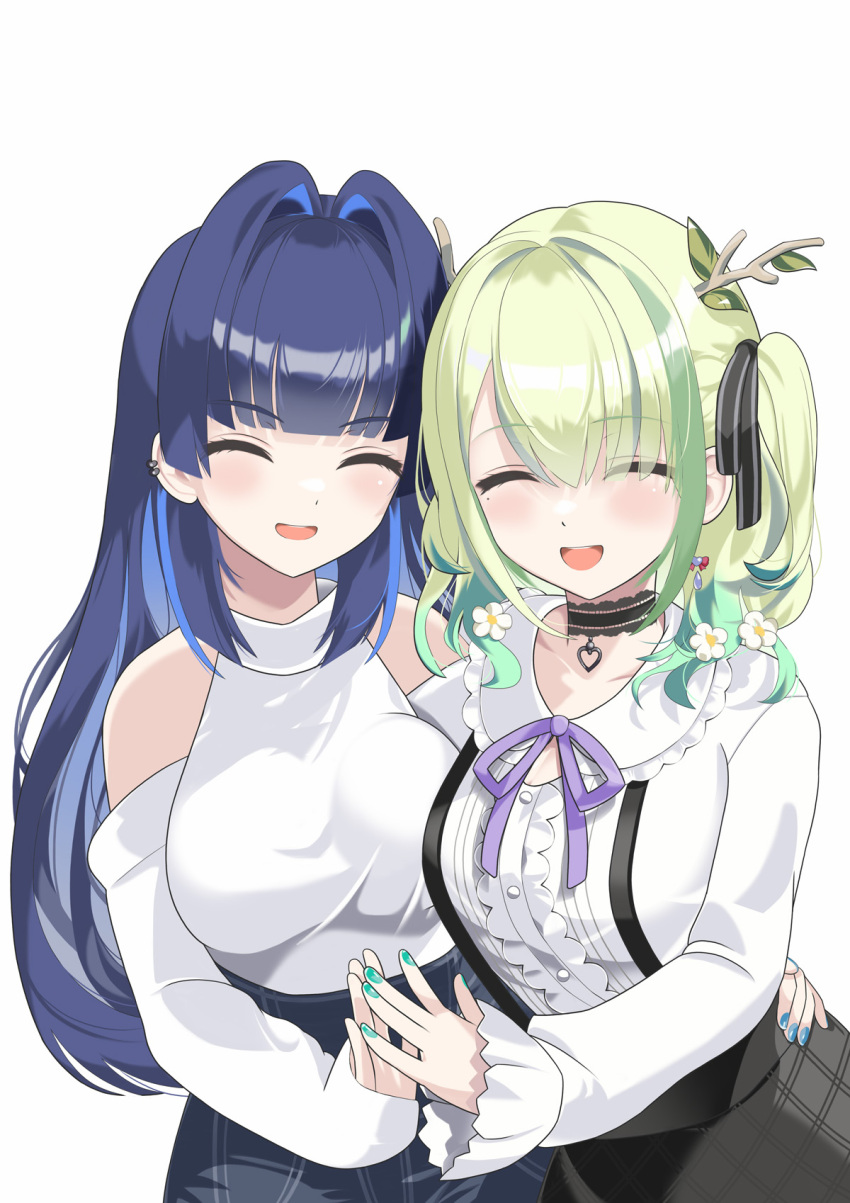 2girls antlers arm_around_waist bare_shoulders blue_hair blunt_bangs branch breasts ceres_fauna closed_eyes collar collarbone earrings flower glawsbsxpytn7j9 green_hair hair_between_eyes hair_flower hair_ornament highres hololive hololive_english horns jewelry large_breasts leaf long_hair long_sleeves medium_hair multiple_girls nail_polish open_mouth ouro_kronii rubbing_hands_together skirt smile straight_hair twintails wavy_hair white_background