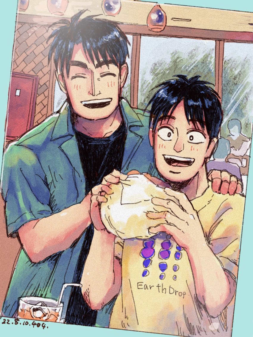 2boys 2others black_eyes black_hair black_shirt blue_shirt blush bread brothers closed_eyes commentary_request cup dated drinking_straw food hand_on_another's_shoulder highres ice ice_cube indoors joukyou_seikatsuroku_ichijou kaiji looking_at_viewer male_focus medium_bangs melon_bread multiple_boys multiple_others murakami_itsuki murakami_tamotsu open_clothes open_mouth open_shirt photo_(object) shirt short_hair siblings smile undershirt unknown03162 upper_body window yellow_shirt