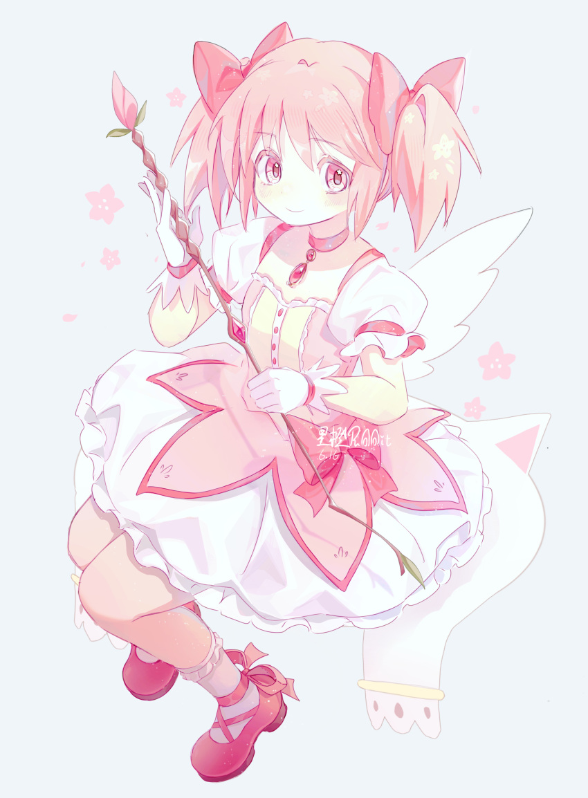 1girl absurdres angel_wings bow bubble_skirt buttons choker colored_eyelashes dress dress_bow floral_print footwear_bow frilled_dress frilled_skirt frilled_sleeves frilled_socks frills from_above full_body gloves hair_bow highres holding holding_wand invisible_chair kaname_madoka looking_at_viewer magical_girl mahou_shoujo_madoka_magica pink_background pink_choker pink_dress pink_footwear pink_hair pink_theme puffy_short_sleeves puffy_sleeves shatang_wei_xing_cheng shoes short_hair short_sleeves short_twintails signature simple_background sitting skirt smile socks solo twintails wand white_gloves white_skirt white_socks wings