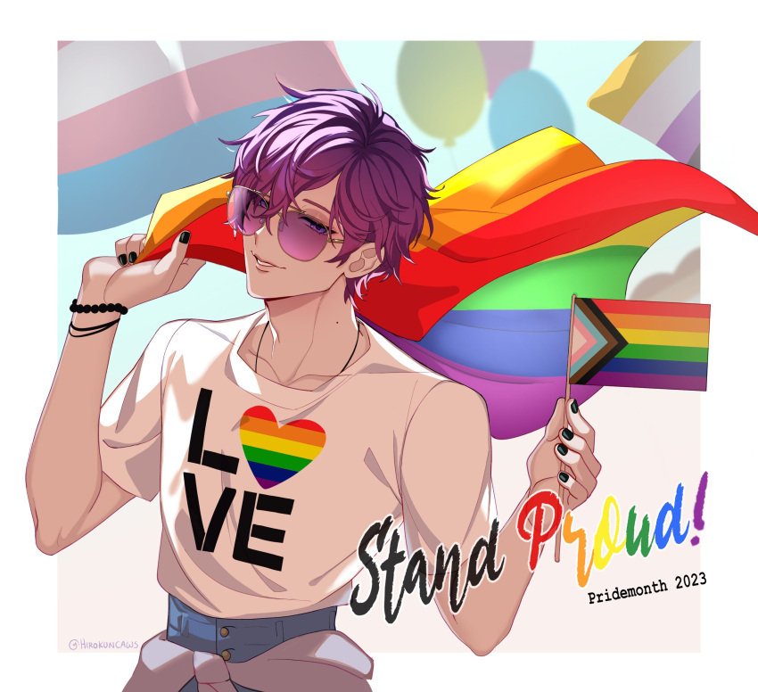 1boy artist_name aviator_sunglasses balloon bead_bracelet beads black_nails border bracelet clothes_around_waist clothes_writing collarbone commentary crossed_bangs english_commentary english_text eyelashes fingernails flag hair_between_eyes hands_up heart highres hirokuncaws holding holding_flag jewelry lgbt_pride looking_at_viewer male_focus mole mole_on_neck nail_polish necklace nijisanji nijisanji_en parted_bangs parted_lips pride_month progress_pride_flag purple-tinted_eyewear purple_hair rainbow_flag shirt shirt_tucked_in short_hair short_sleeves smile solo sunglasses t-shirt tinted_eyewear twitter_username uki_violeta upper_body violet_eyes virtual_youtuber white_border white_shirt