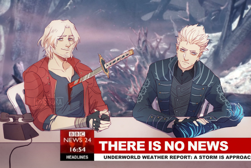 2boys absurdres beard black_gloves black_shirt blood blood_on_weapon blue_eyes blue_jacket blue_vest brothers closed_mouth dante_(devil_may_cry) devil_may_cry_(series) devil_may_cry_5 dmbakura english_text facial_hair fingerless_gloves gloves highres jacket katana long_sleeves looking_at_viewer male_focus multiple_boys phone red_jacket shirt short_hair siblings sleeves_rolled_up smile stab sword upper_body vergil_(devil_may_cry) vest weapon white_hair yamato_(sword)