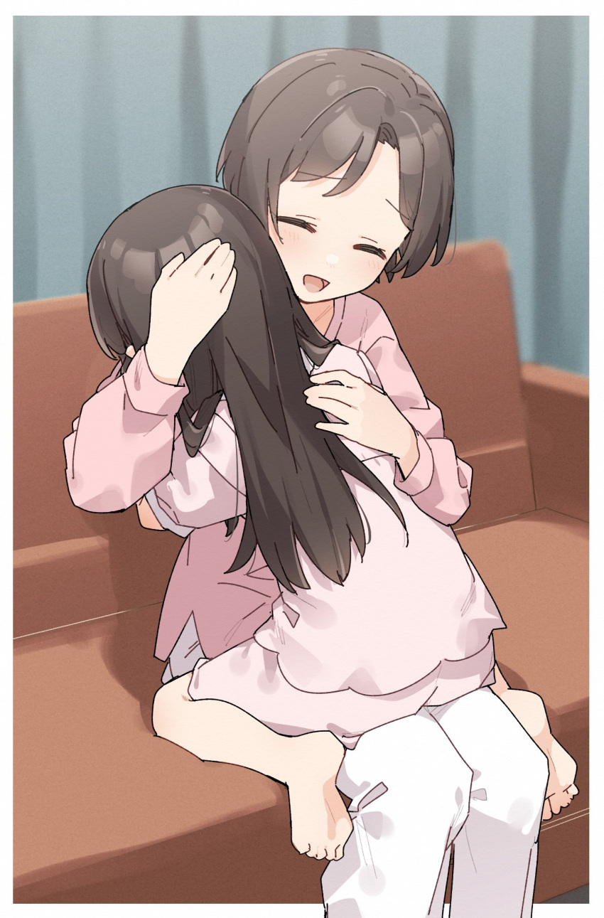 2girls :d ^_^ barefoot black_hair brown_hair closed_eyes couch curtains highres hug idolmaster idolmaster_cinderella_girls idolmaster_cinderella_girls_u149 indoors long_hair long_sleeves mother_and_daughter multiple_girls on_couch pajamas pants parted_bangs pink_pajamas pink_shirt pink_shorts puffy_long_sleeves puffy_sleeves shirt short_sleeves shorts sitting smile soles tachibana_arisu white_pants yukie_(kusaka_shi)