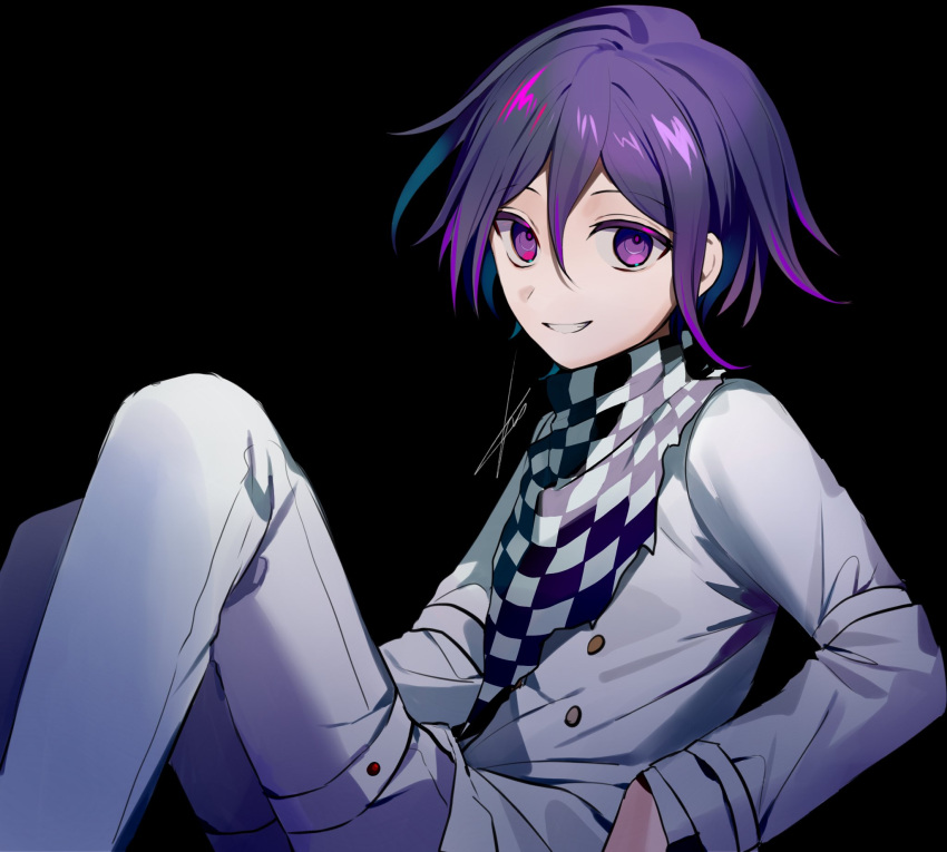 1boy black_background buttons checkered_clothes checkered_scarf danganronpa_(series) danganronpa_v3:_killing_harmony double-breasted grey_jacket grey_pants grin highres huyuharu0214 jacket knees_up male_focus oma_kokichi pants purple_hair scarf short_hair signature simple_background sitting smile teeth violet_eyes