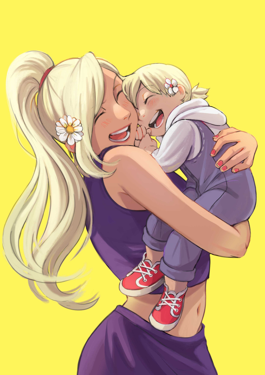 1boy 1girl ^_^ absurdres aged_down blonde_hair boruto:_naruto_next_generations carrying child_carry closed_eyes closed_mouth commentary english_commentary flower hair_flower hair_ornament heads_together highres hood hood_down hoodie hug laughing long_hair monday_mint mother's_day mother_and_son naruto_(series) navel open_mouth ponytail purple_shirt purple_skirt shirt shoes skirt sleeveless sleeveless_shirt teeth tongue white_hoodie yamanaka_ino yamanaka_inojin