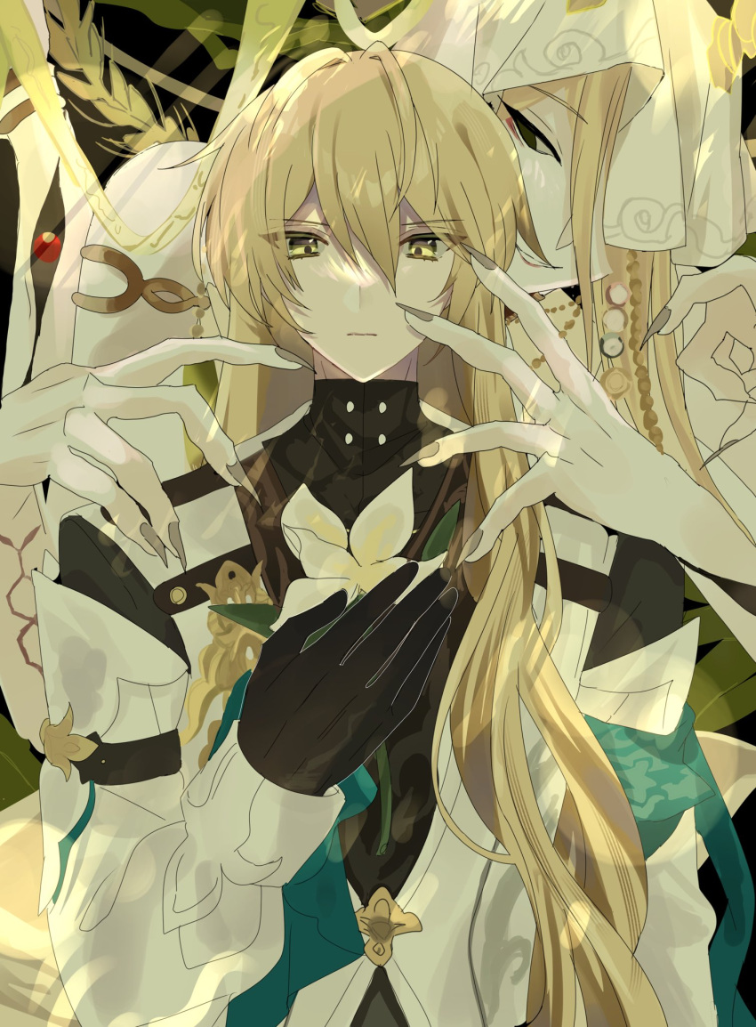 1boy 1other :| androgynous armlet black_background black_eyes black_gloves black_shirt blonde_hair brooch closed_mouth coat empty_eyes extra_arms extra_eyes facing_viewer fingernails flower gloves grey_nails hair_between_eyes hand_on_another's_face highres holding holding_flower honkai:_star_rail honkai_(series) jewelry lens_flare long_bangs long_hair long_sleeves looking_at_another looking_at_flowers luocha_(honkai:_star_rail) naaaa_0908 parted_lips sharp_fingernails shirt smile upper_body veil wheat white_coat white_flower yaoshi_(honkai:_star_rail) yellow_eyes