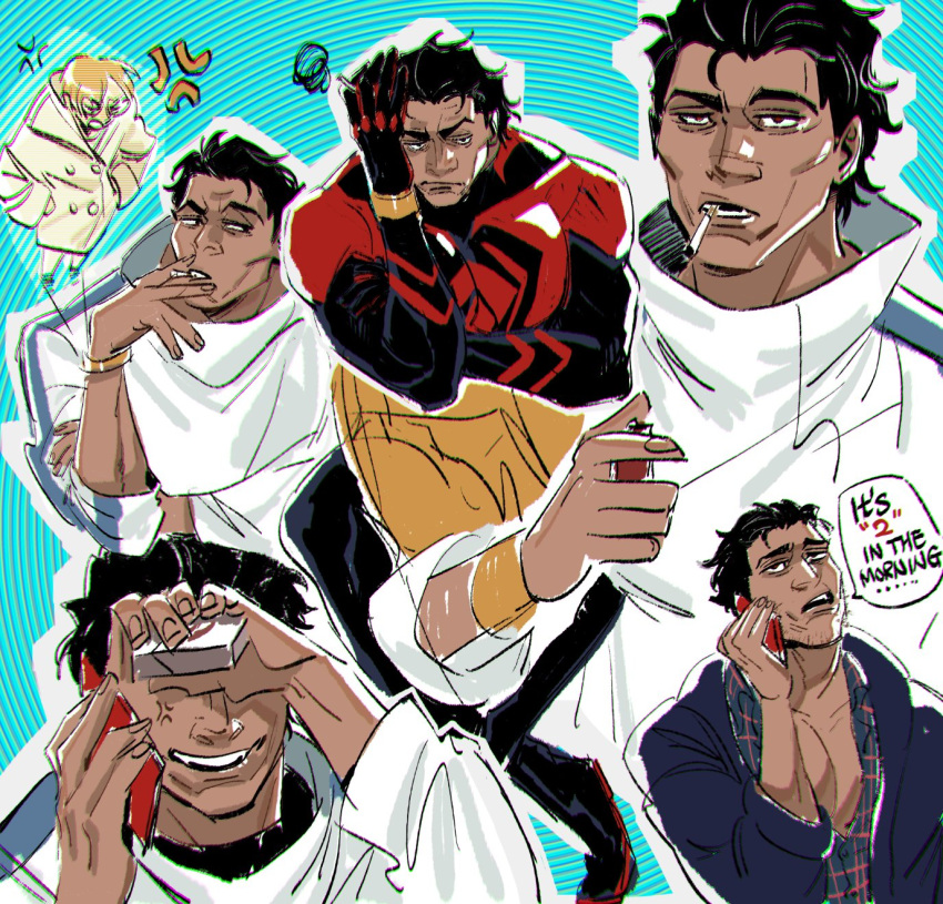 anger_vein brown_hair casual cellphone cheekbones cigarette dark-skinned_male dark_skin guillartee hair_slicked_back high_collar highres large_pectorals lyla_(marvel) male_focus marvel miguel_o'hara multiple_persona muscular muscular_male pectoral_cleavage pectorals phone smoking spider-man:_across_the_spider-verse spider-man_(2099) spider-man_(series) two-tone_bodysuit wristband