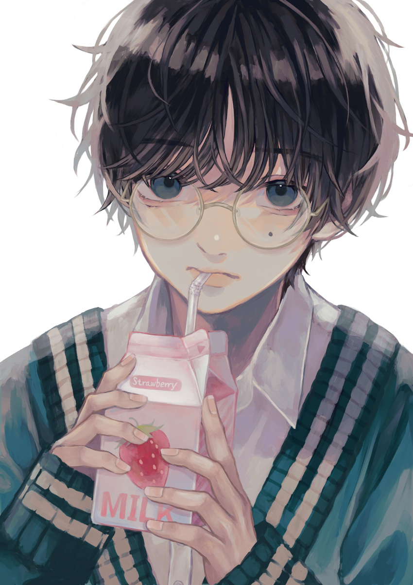 1boy absurdres black_hair blue_cardigan blue_eyes cardigan choppy_bangs closed_mouth commentary drink drinking drinking_straw drinking_straw_in_mouth english_text fingernails food_print glasses grey-framed_eyewear grey_stripes highres holding holding_drink lips long_sleeves looking_at_viewer male_focus milk_carton mole mole_under_eye original patchwork round_eyewear shirt short_hair simple_background sleeves_past_wrists solo straight-on strawberry_milk strawberry_print striped symbol-only_commentary triangle upper_body white_background white_shirt