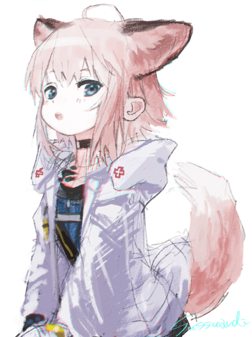 1girl :o ahoge animal_ears arknights black_choker blue_shirt choker commentary_request fox_ears fox_girl fox_tail highres hood hood_down hooded_jacket jacket looking_at_viewer open_clothes open_jacket oripathy_lesion_(arknights) parted_lips pink_hair shirt signature simple_background sketch solo sussurro_(arknights) sutoa tail teeth upper_teeth_only white_background white_jacket